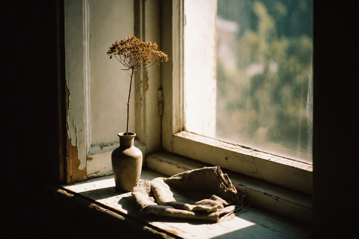 Getrocknete Blume in einer kleinen Vase auf einer alten Fensterbank im warmen Sonnenlicht